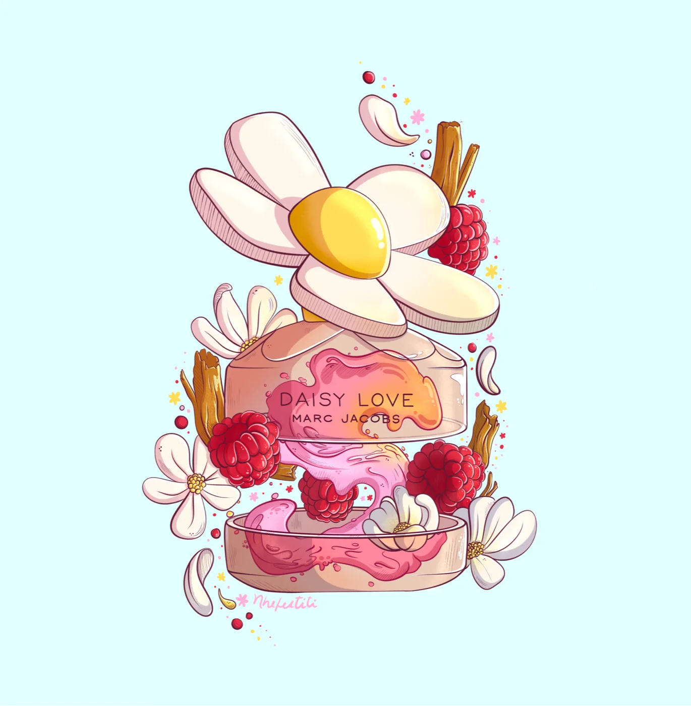 Unofficial concept study of Marc Jacobs' Daisy Love, deconstructed with raspberries and florals — illustration by Lizy Del Busto